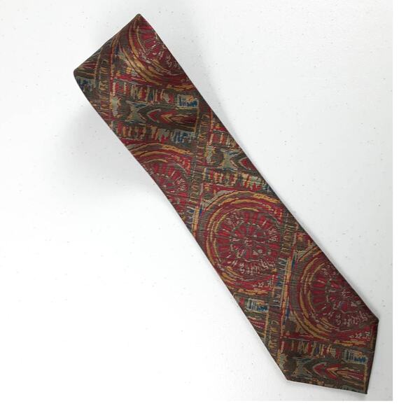 Noriko Kazuki Red Teal Blue Gold Abstract Silk Tie - Picture 2 of 3